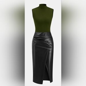 Faux Leather Panel Mock Neck Sleeveless Dress FOREST GREEN/BLACK